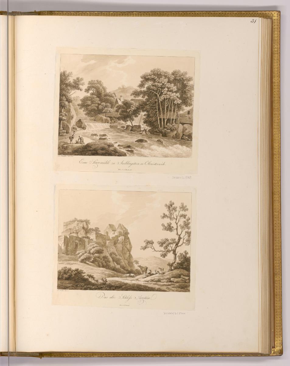 Radierungen von Carl Philipp Schallhas; Josef Abel und Franz Rechberger, Eine Sägemühle zu Sarb…