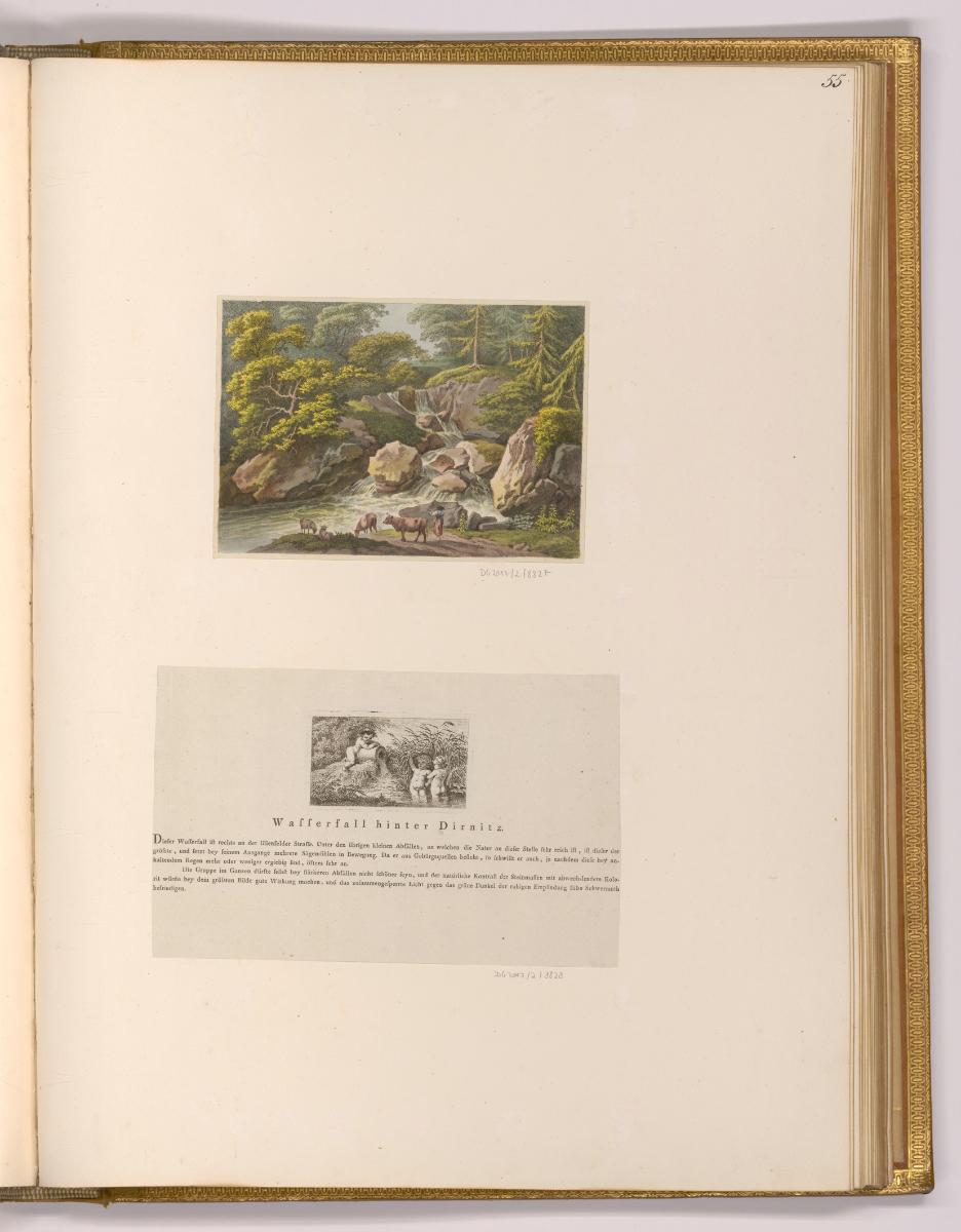 Radierungen von Carl Philipp Schallhas; Josef Abel und Franz Rechberger, Wasserfall hinter Dirn…