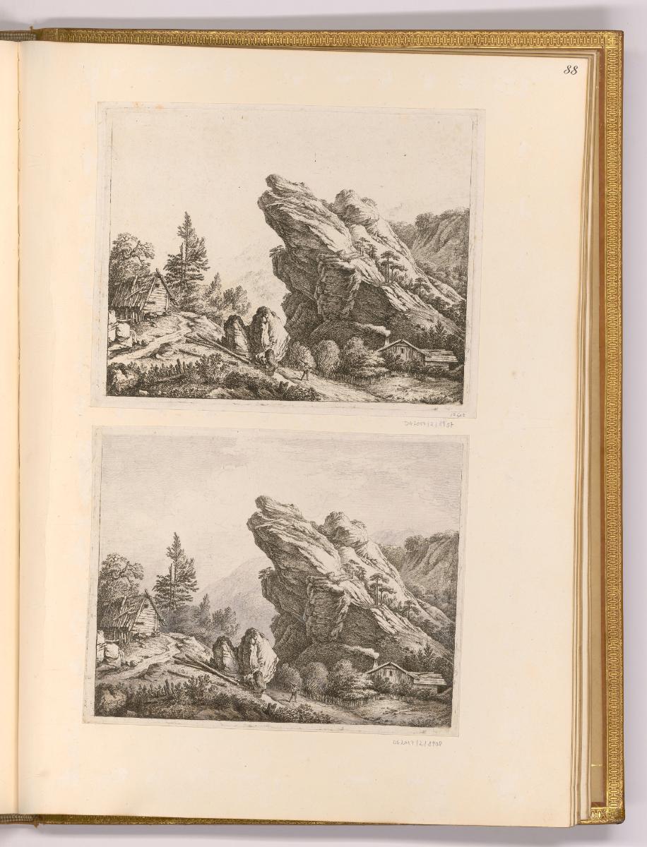 Radierungen von Carl Philipp Schallhas; Josef Abel und Franz Rechberger, Felsenlandschaften mit…