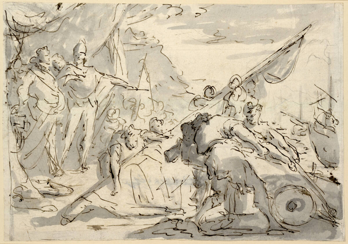 Feldherr am Ufer eines Gewässers mit Soldaten und Kriegsgerät, das auf ein Schiff rechts geladen wird (?), GiustinoMenescardi