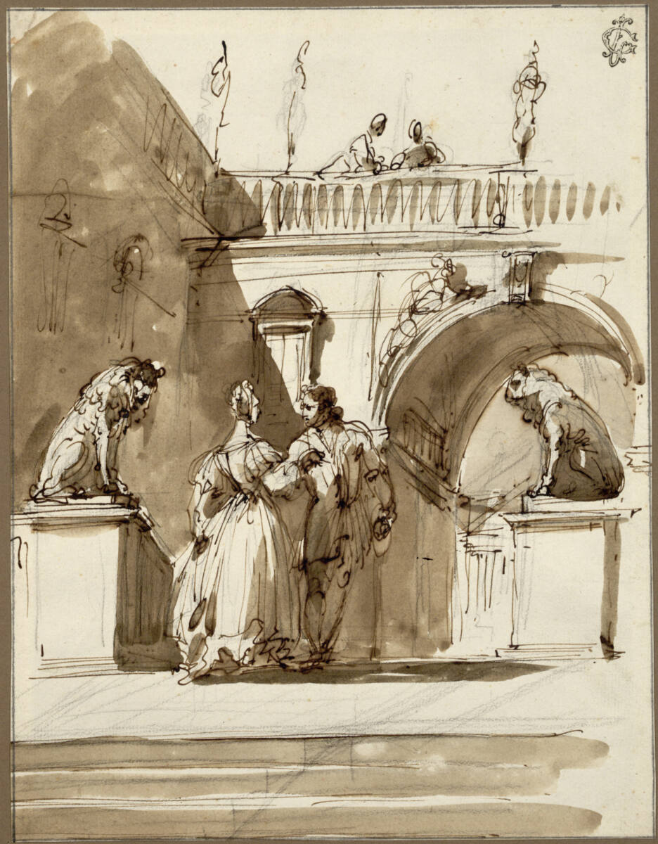 Ein Herr und eine Dame im Hof eines Palastes zwischen zwei Löwenstatuen konversierend, GiuseppeBernardinoBison