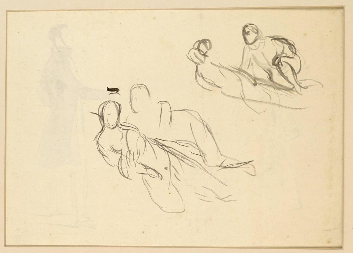 Eugène Delacroix, Zwei Studien einer liegenden und einer hockenden Figur, Entwurf für "Der gute…