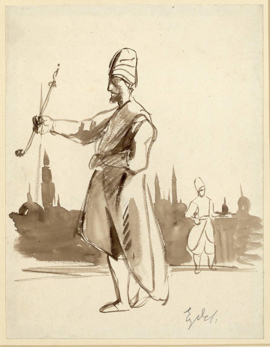 Eugène Delacroix, Orientale (Türke?) mit Tschibuk, im Hintergrund ein zweiter vor einer orienta…