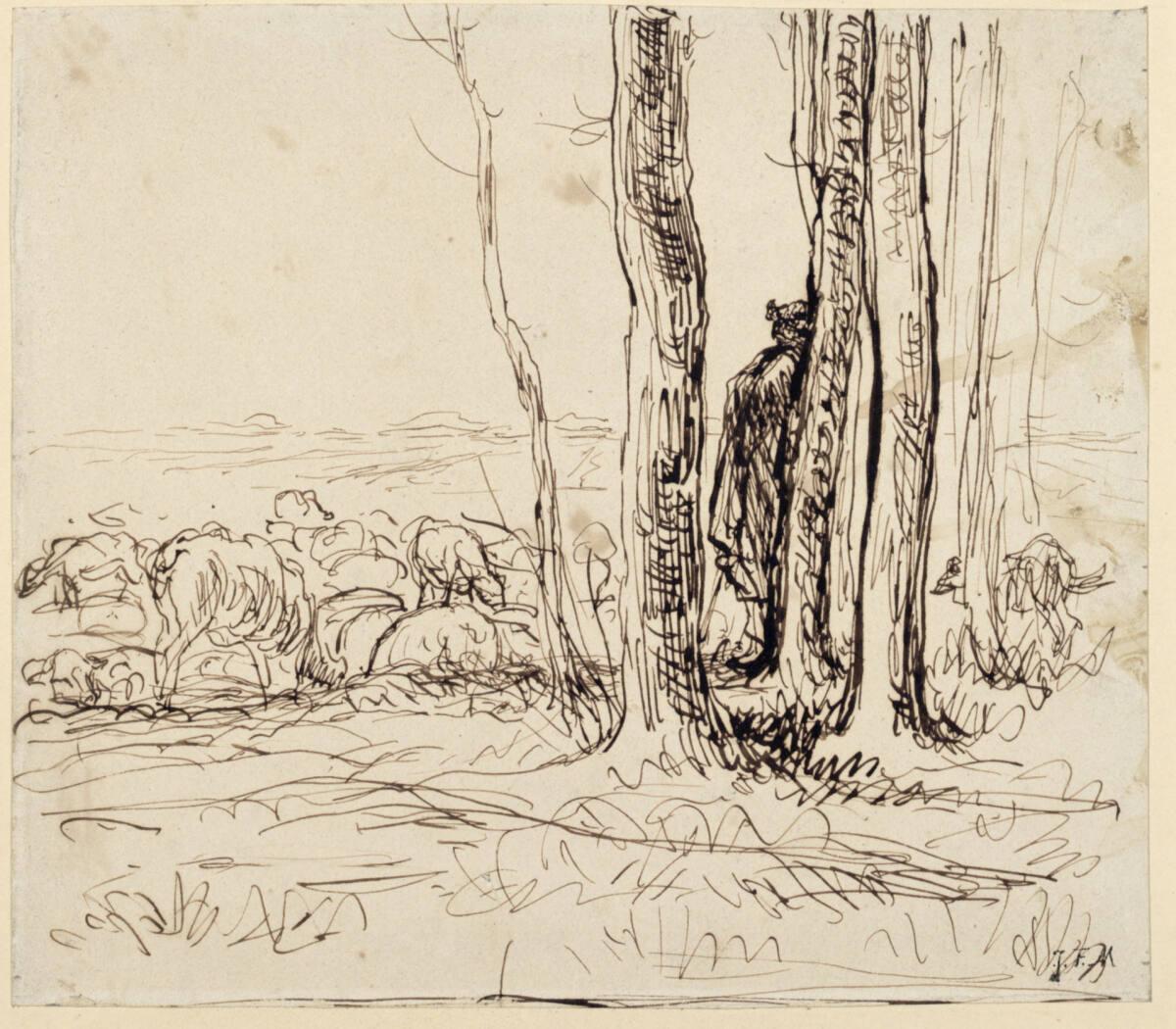 Jean-François Millet, Schäfer mit Herde in herbstlicher Landschaft (Vorstudie für das Pastell "…
