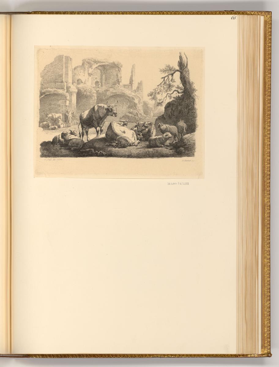 Druckgrafiken von Adam von Bartsch, Landschaft mit Rinder- und Schafherde vor antiken Ruinen so…