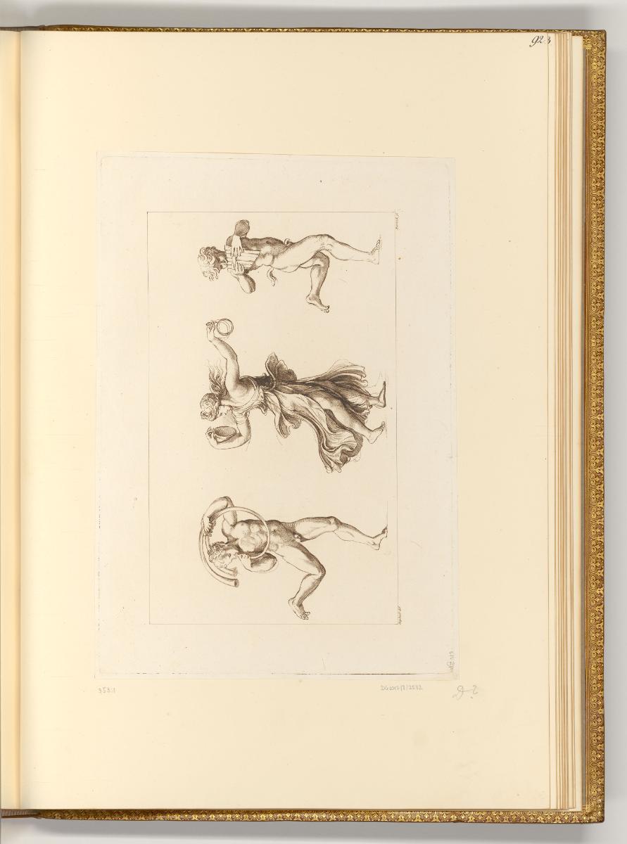 Druckgrafiken von Adam von Bartsch, Tanzende Bacchantin zwischen zwei Faunen mit Doppelhorn und…