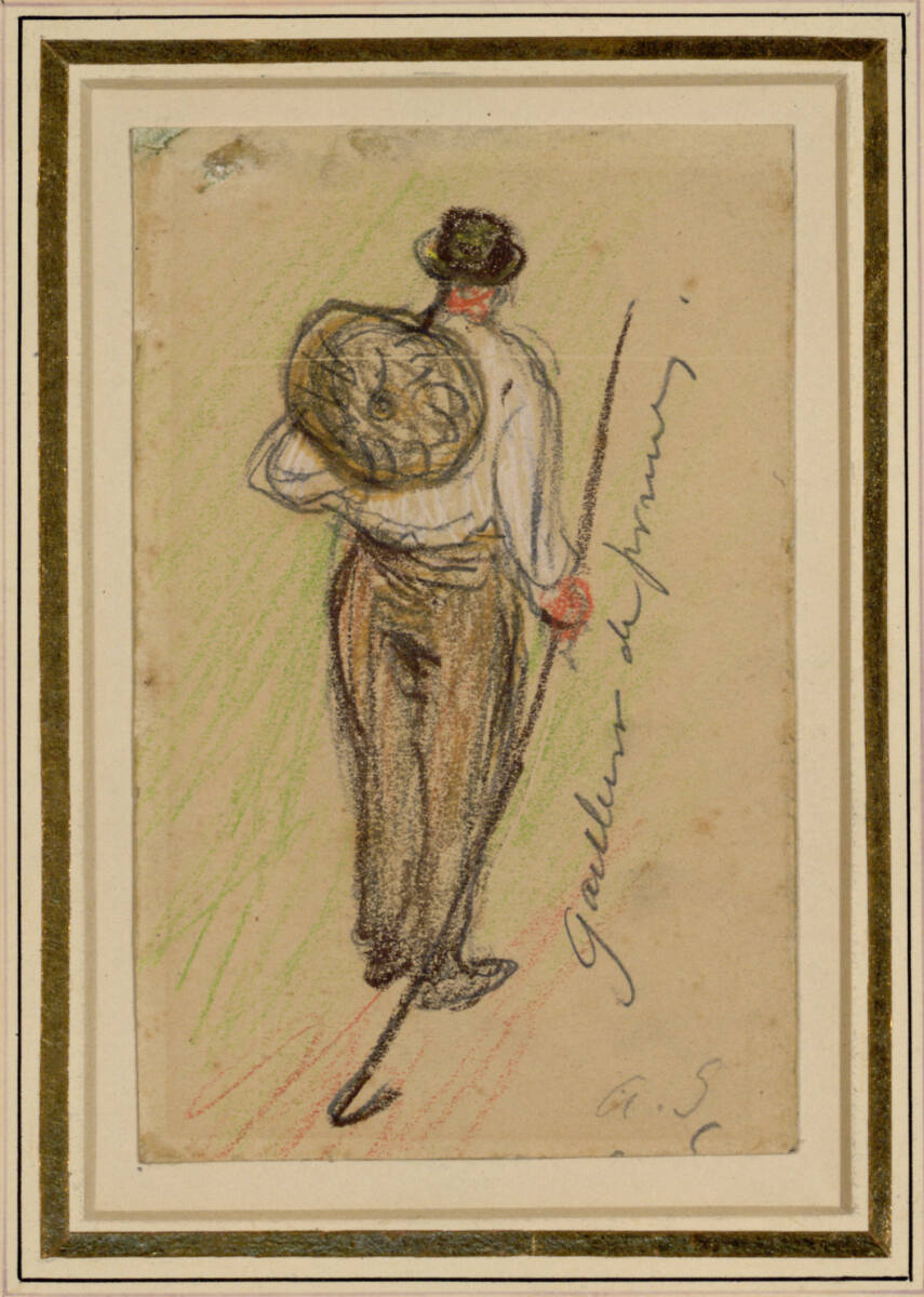 "Gauleur de prunes" (Pflaumenpflücker), Bauer mit einem Korb auf dem Rücken und einer Harke in der rechten Hand, von rückwärts gesehen, Alfred Sisley