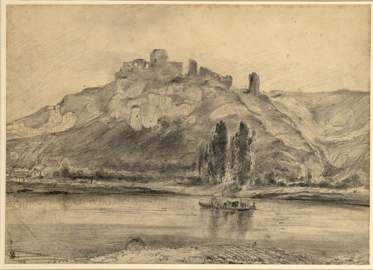 Die Schlossruine Gaillard bei Les Andelys (Eure) an der Seine mit einem Boot im Vordergrund, Théodore Rousseau, 1831