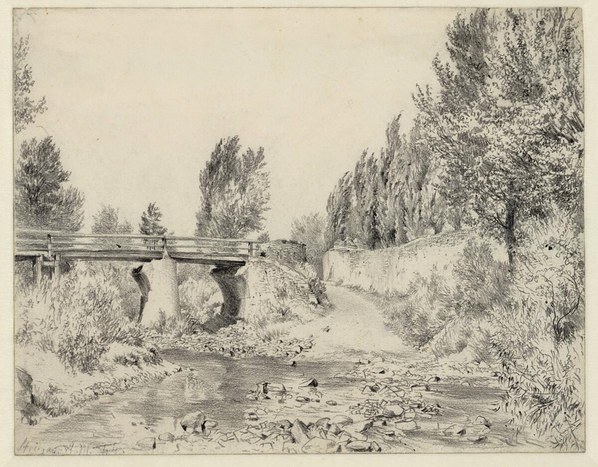 Adolf Friedrich Erdmann Menzel, Flussbett und Brücke bei Striegau, Inv. Nr.: 24225