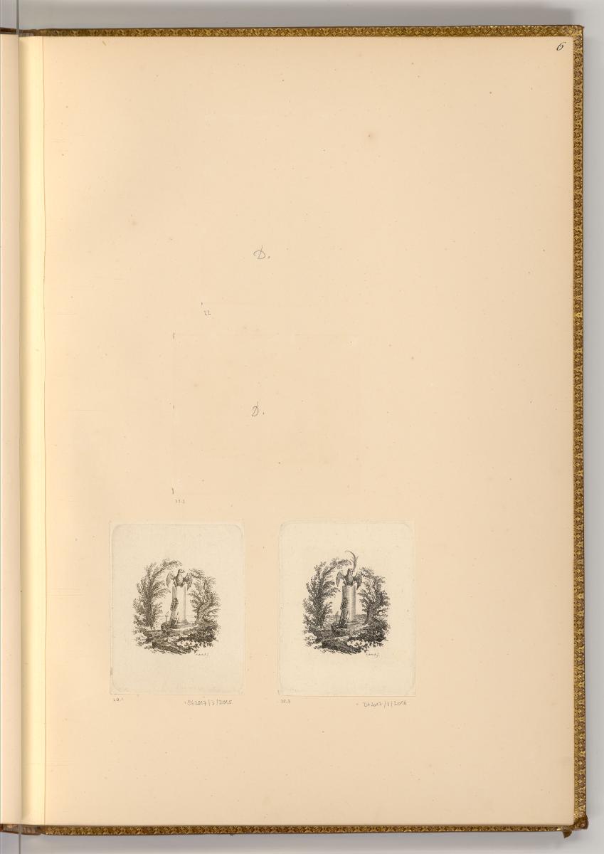 Druckgrafiken von Adam von Bartsch, Vignette mit einem von zwei Bäumchen bewachsenen Felsplatea…
