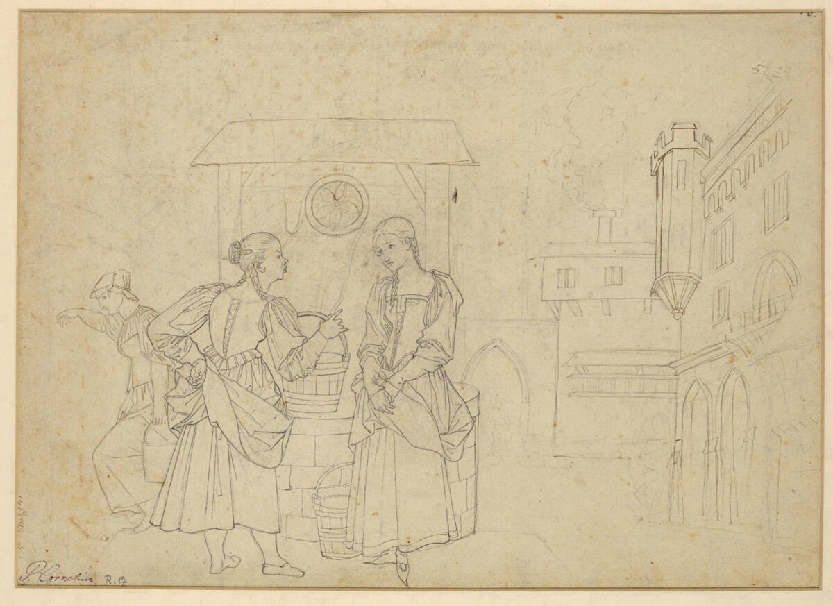 Entwurf zur Faustillustration: Gretchen und Lieschen am Brunnen, Peter von Cornelius, 1810–1811