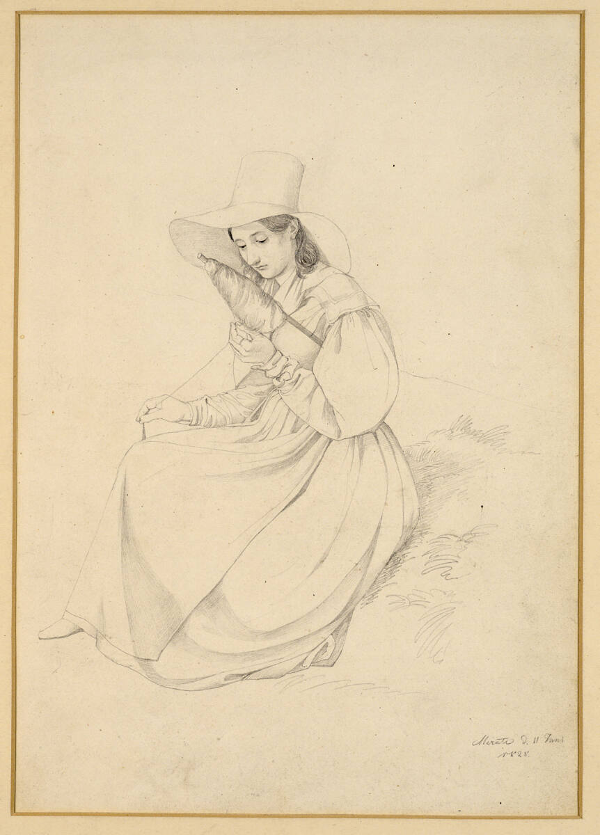 Spinnendes italienisches Mädchen mit breitkrempigem Hut, Friedrich Preller the Elder, 1828