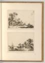 Radierungen von Francois Gabet, Landschaft mit rastenden Bauern und einer Pferdekarre; Dorf am …