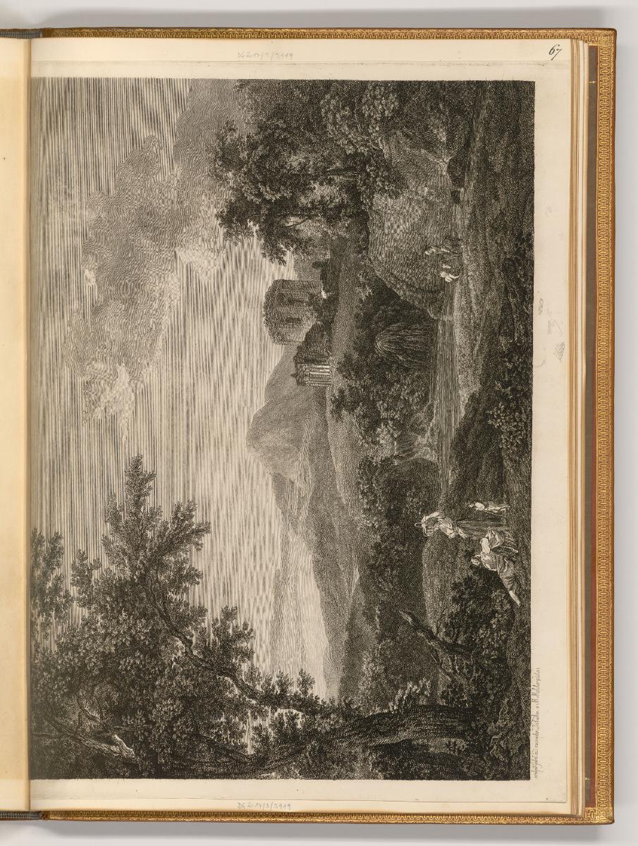 Radierungen von Francois Gabet, Landschaft mit antiker Ruine, im Vordergrund eine Bauernfamilie…