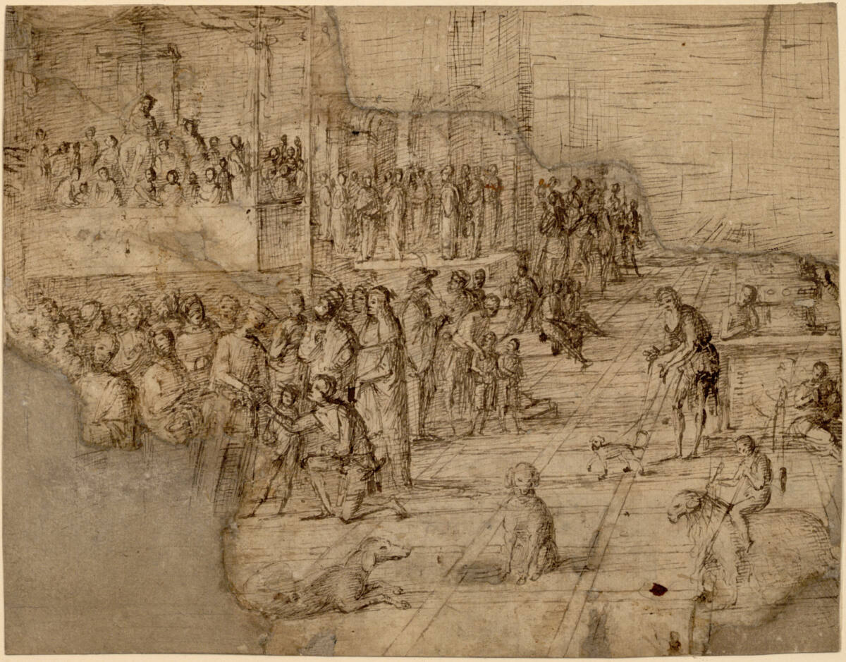 Kompositionsentwurf für ein Zeremonienbild mit vielen Figuren vor erhöht sitzenden und stehenden Zuschauern; vorne drei Hunde und ein Kind, auf einem Tier (Schaf ?) reitend; rechts sitzt eine Figur an einem Tisch, Lorenzo Costa