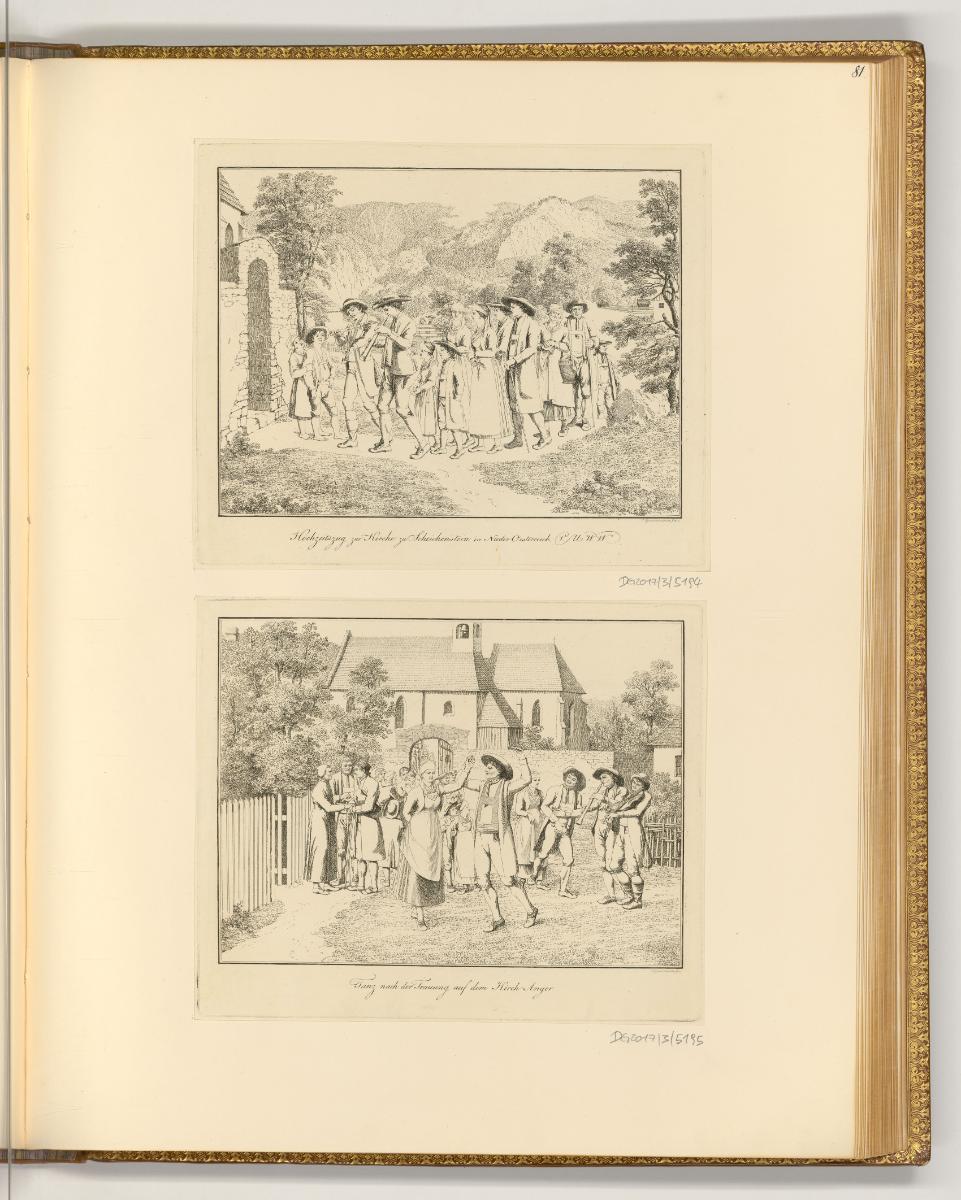 Radierungen von Joseph Fischer und Jakob Gauermann, Hochzeitszug zur Kirche zu Scheichenstein i…