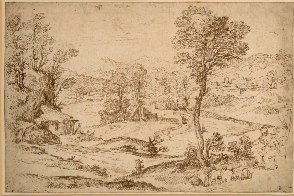 Weidelandschaft mit Schafherde und Hirtenfigur und einer Ansiedlung im Hügelland, Verona
