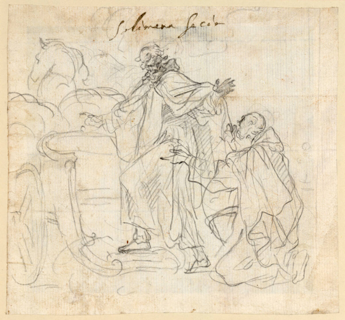 Unidentifizierte Szene. Ein Bärtiger, der im Begriff ist, einen antiken Wagen zu besteigen, wendet sich abwehrend einem mit flehender Geste vor ihm Knienden zu, Francesco Solimena