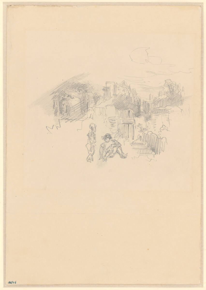 Bergstadt oder Dorf, davor zwei Personen, Carl Schuch