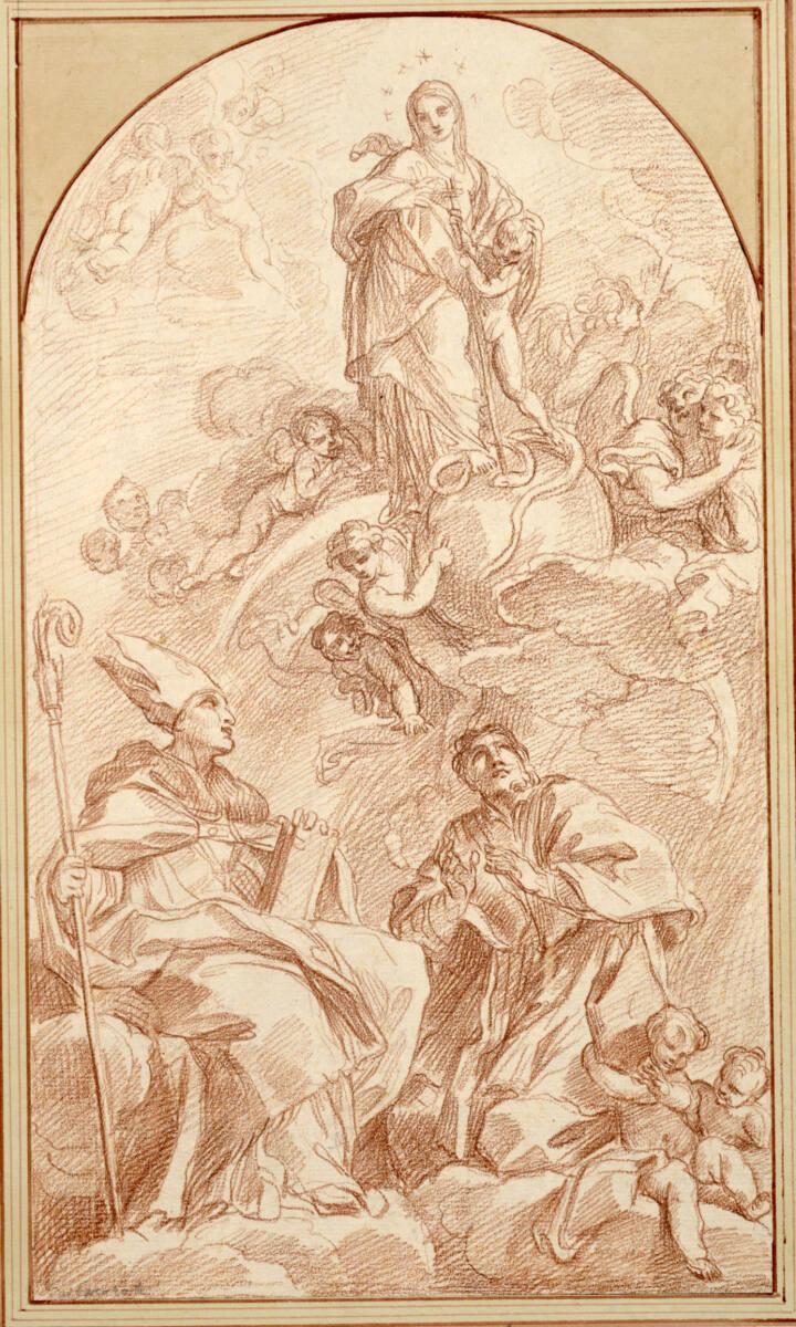 Carlo Maratta, Maria steht auf der Erdkugel, von Engelputten umgeben; neben ihr steht das Chris…