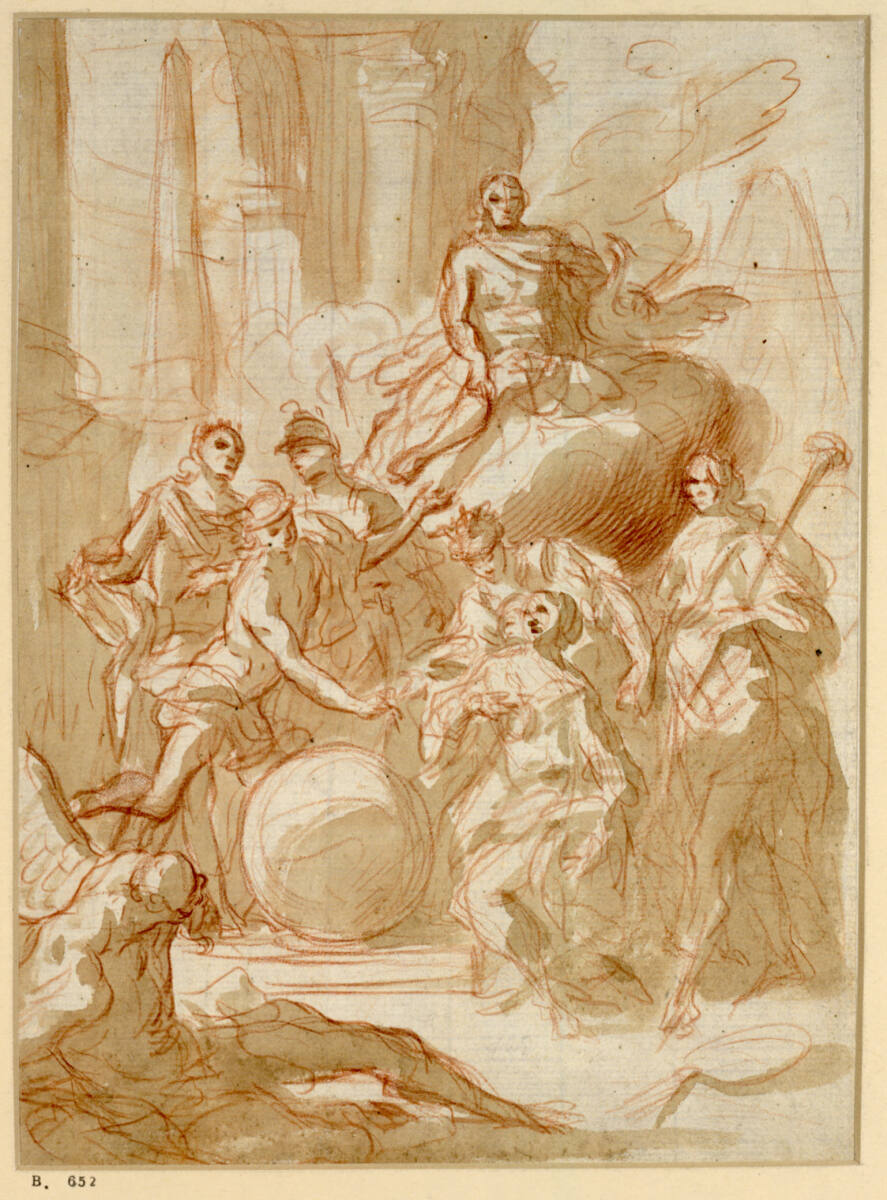 Allegorie einer Fürstin, umgeben von Apoll, Hermes, Kronos und drei allegorischen Figuren, Neapolitanisch