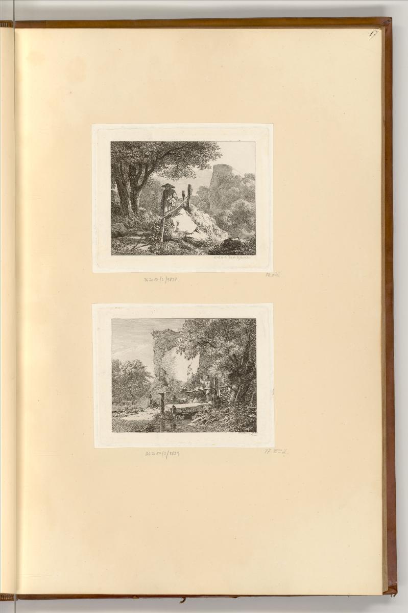 Radierungen Johann Christoph Erhard, Landschaft mit Wanderer mit Hut mit breiter Krempe; Felsen…