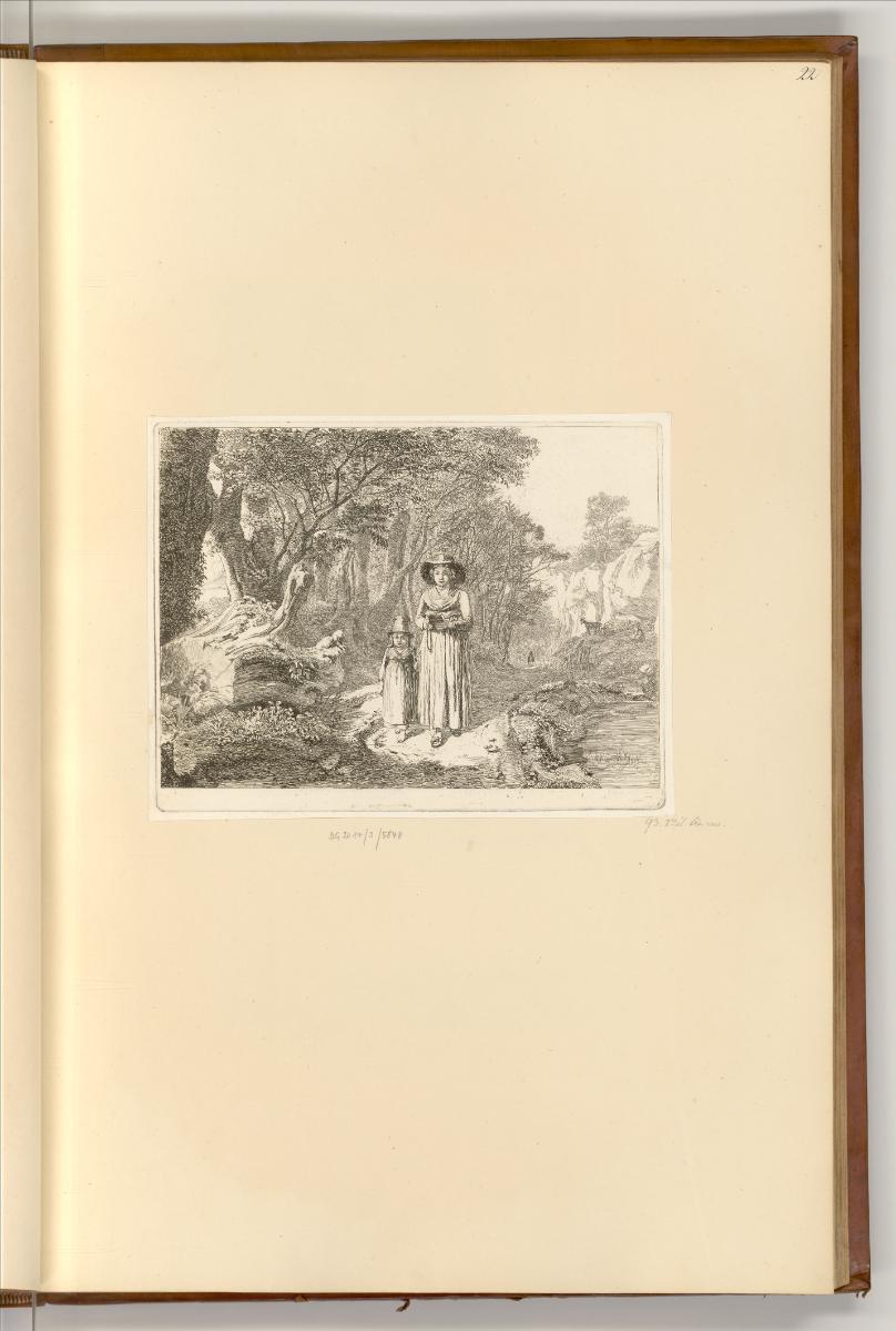 Radierungen Johann Christoph Erhard, Landschaft mit Frau und Kind in Tracht mit Gebetsbuch und …