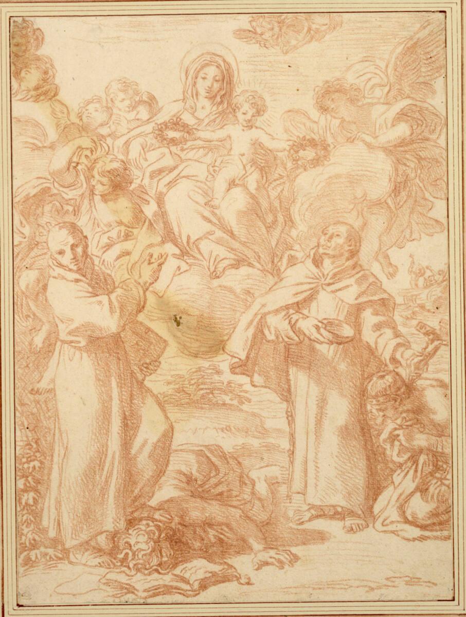 Carlo Maratta, Maria sitzt von Engeln umgeben, auf Wolken; das Kind auf ihrem Schoß reicht den …