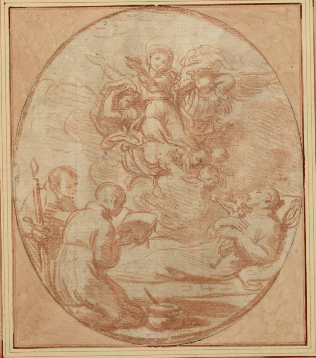 Die Madonna beschützt einen sterbenden Heiligen (Stanislaus Kostka ?); links knien zwei Chorknaben zum Sterbenden nach rechts hin, der eine mit einer Kerze, der andere mit einem Buch in der Hand (stehendes Oval), Carlo Maratta