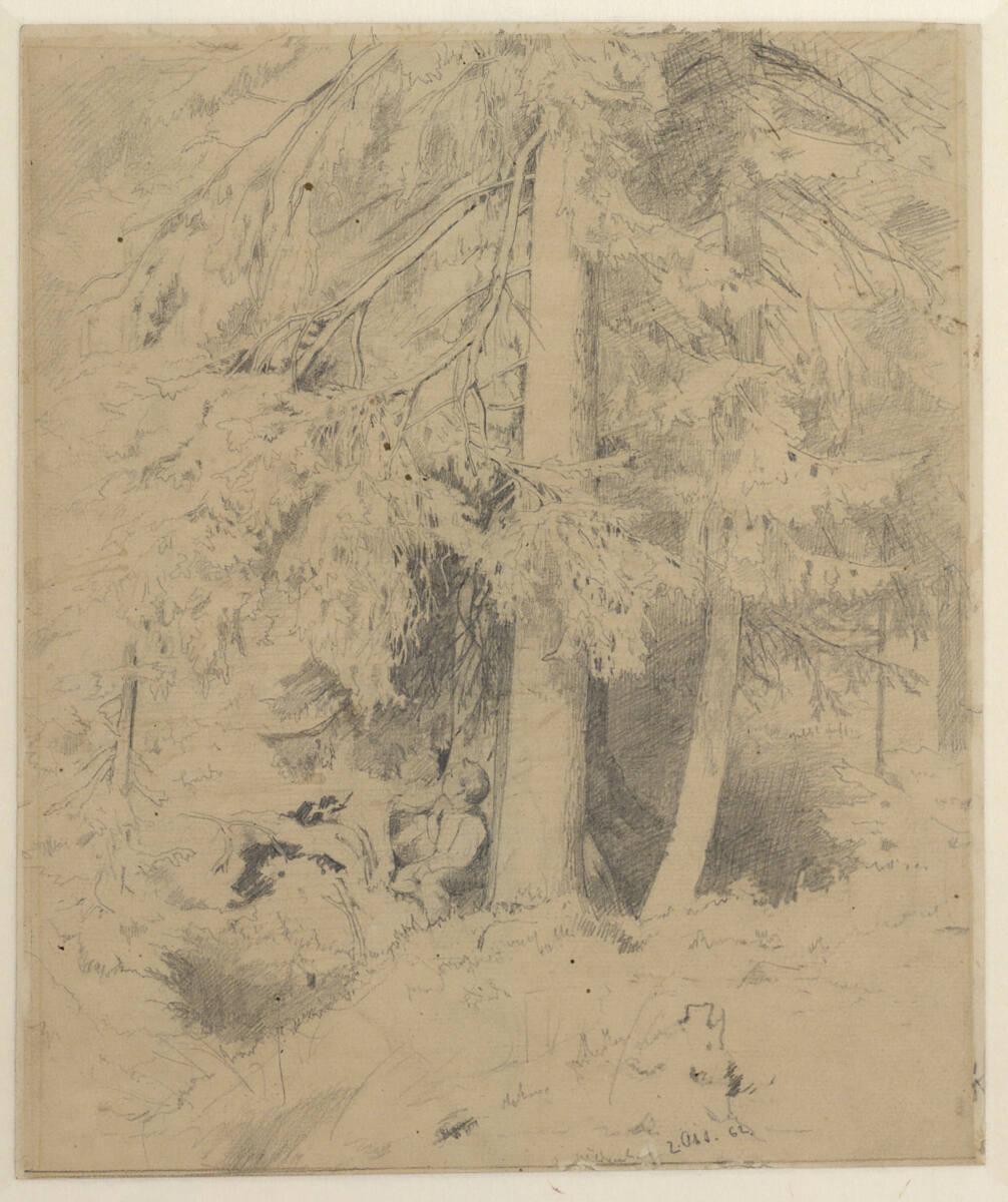Knabe, unter Tannen im Wald hockend, Hans Thoma, 1862