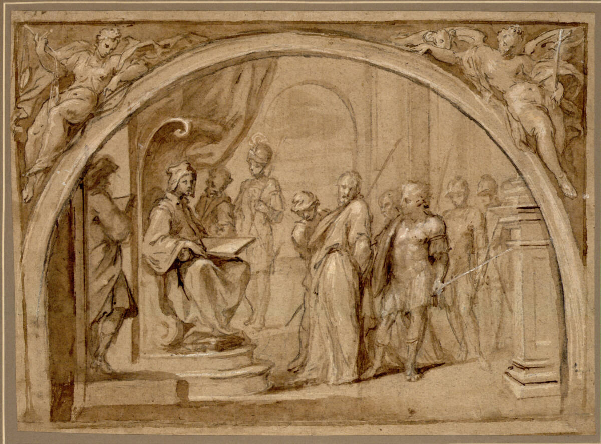 Christus vor Pilatus (?); in den Lünetten oben Justitia und Fides, SigismondoCaula