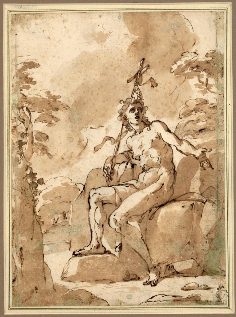 Ubaldo Gandolfi, Johannes der Täufer auf einem Felsblock in einer Landschaft sitzend, Inv. Nr.:…