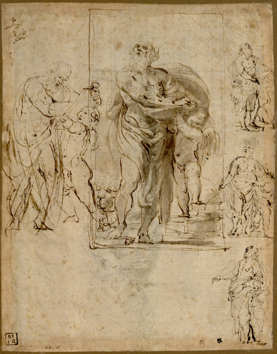 Studienblatt. Fünf Studien für einen Evangelisten mit einem Putto, der das Buch hält, Giovanni Baglione