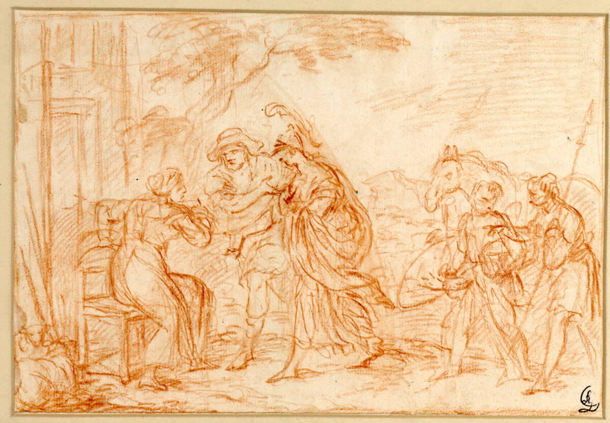 Anonym, Erminia bei den Hirten; rechts ihr Pferd und zwei Männer mit Schild und Speer (Tasso, Gerusalemme liberata VII, 17)