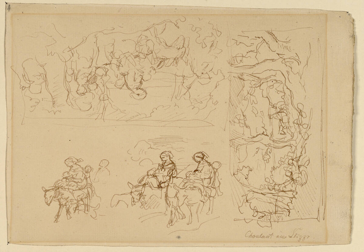 Skizzen einer Eselreiterin; auf dem Kopf stehend: Figurenzug in einer Baumlandschaft; um 90° nach rechts gedreht: Baumlandschaft mit Rastenden am Weg, Ludwig Richter