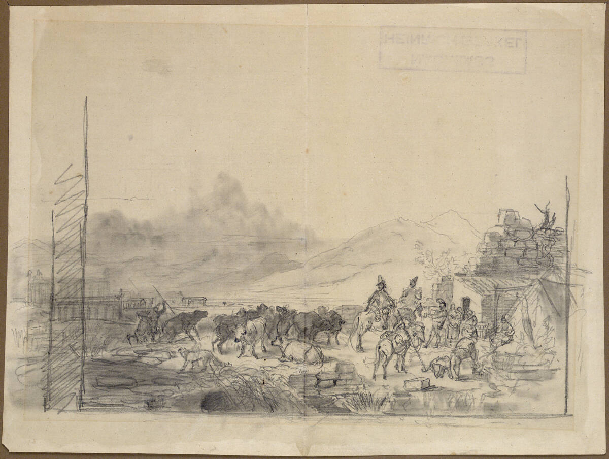 Rast von Hirten mit ihrer Herde vor einer Ausschank in der römischen Campagna, Heinrich Bürkel