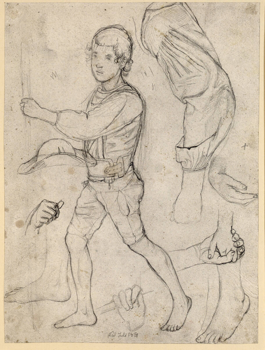 Studienblatt mit einem Tiroler Knaben, Arm-, Hand- und Fußstudien, Rudolf Friedrich Wasmann, 1831