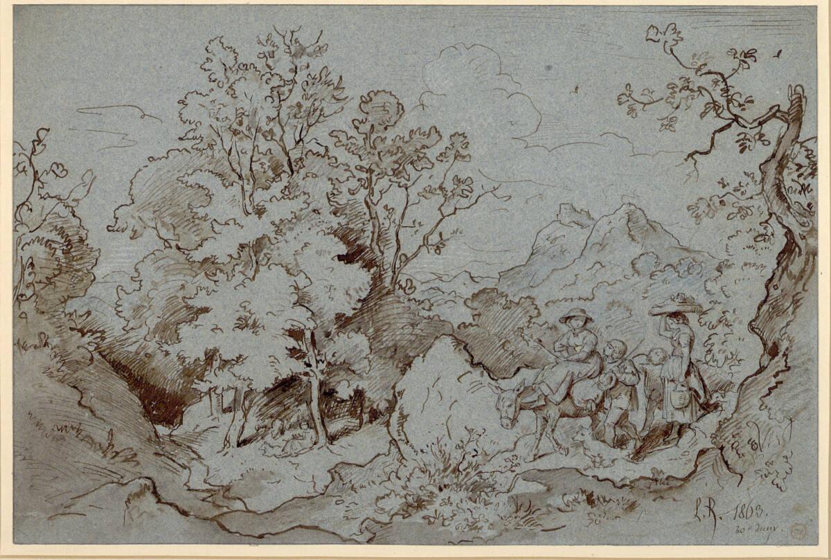 Ludwig Richter, Zwei Landfrauen mit Kindern und einem Esel, durch eine bewaldete Berglandschaft…