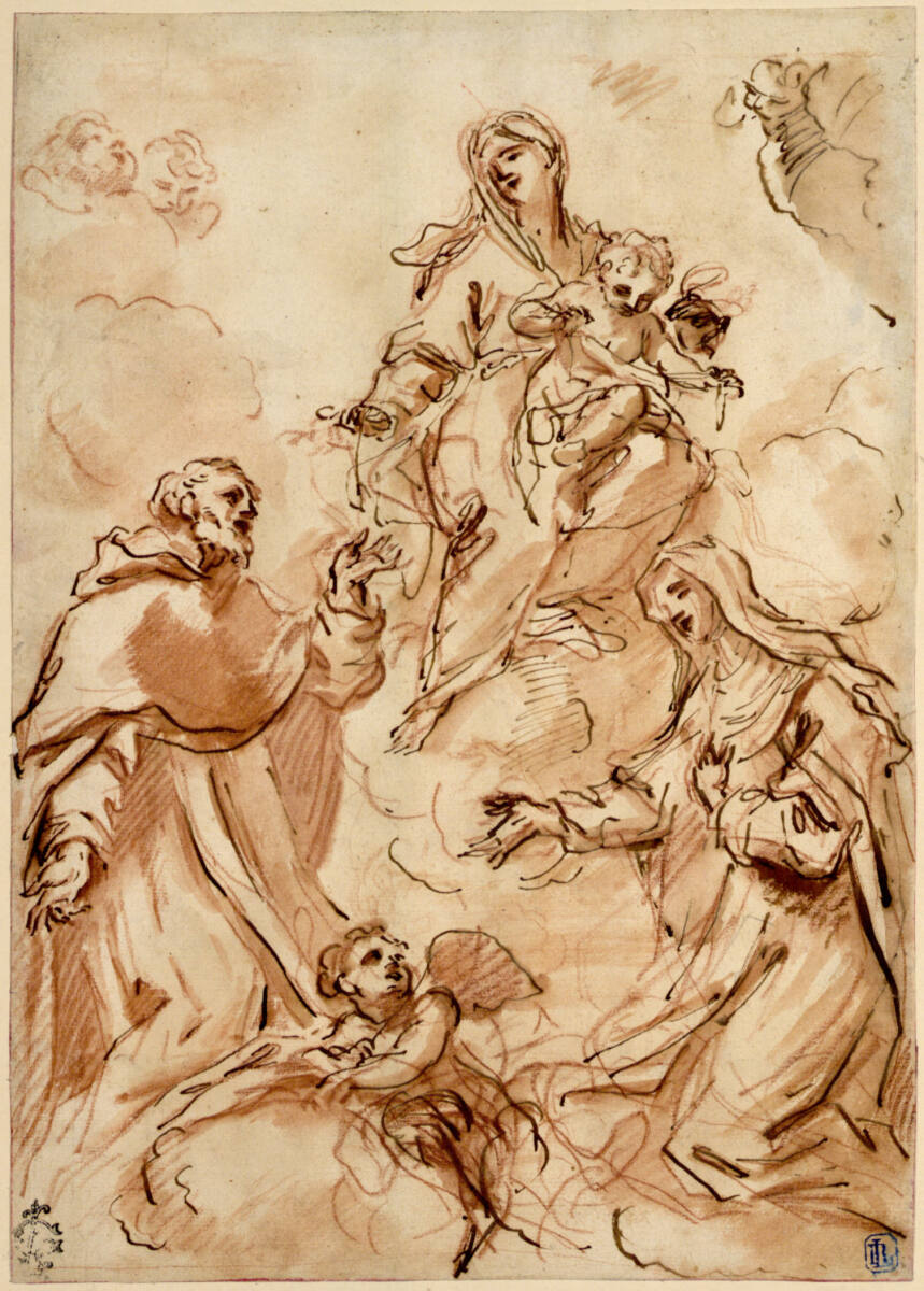 Anonym, Die Madonna reicht dem knienden heiligen Dominikus den Rosenkranz; rechts kniet die heilige Teresa