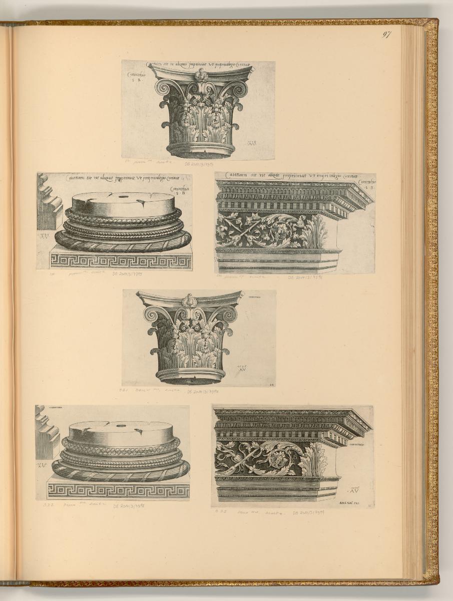 Agostino di Musi Veneziano, Architekturfragmente, Säulen, Gesims, Kapitelle, Inv. Nr.: Italien …