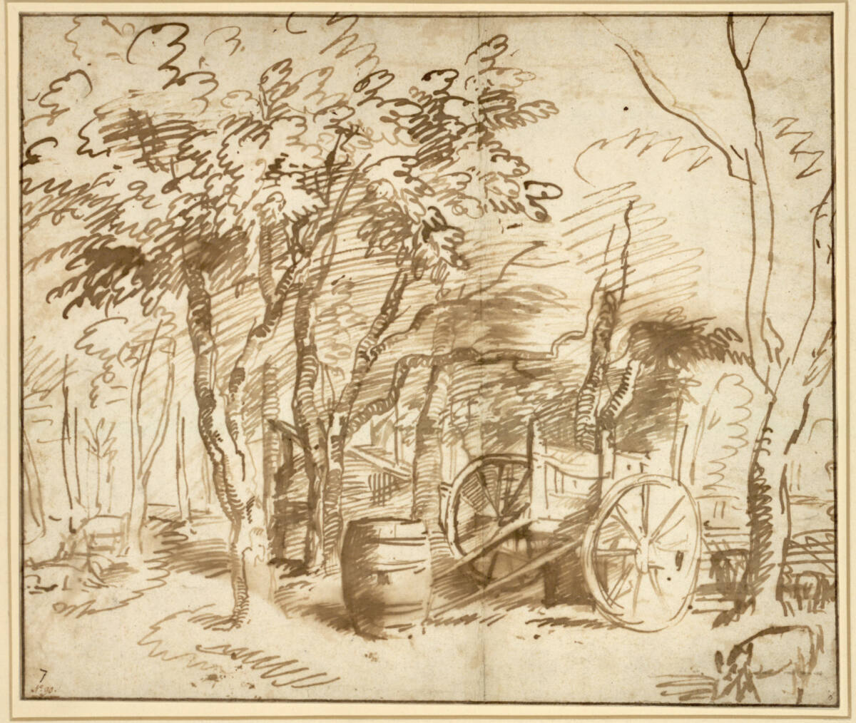 Eine Gruppe von Bäumchen, ein Faß und ein abgestellter Karren, Jan Lievens