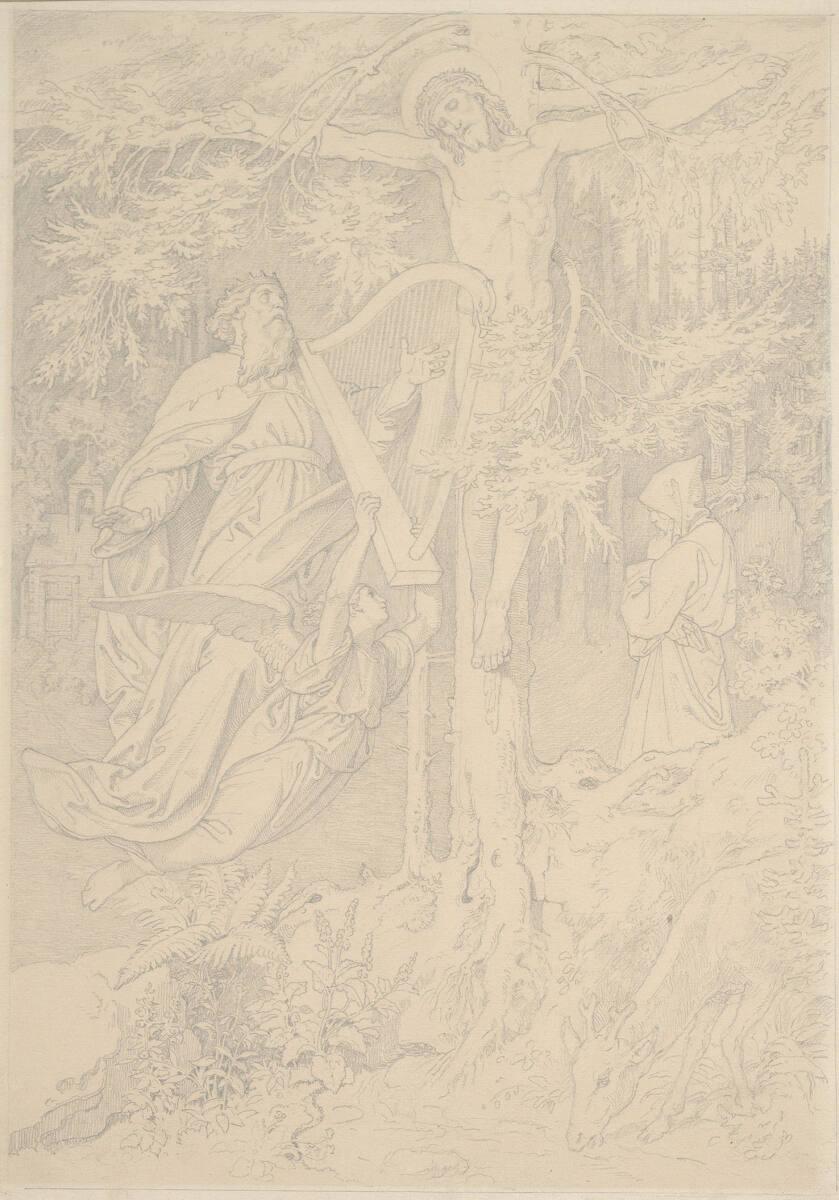 Josef von Führich, Die Kreuzigung mit Einsiedler und David, Inv. Nr.: 24760