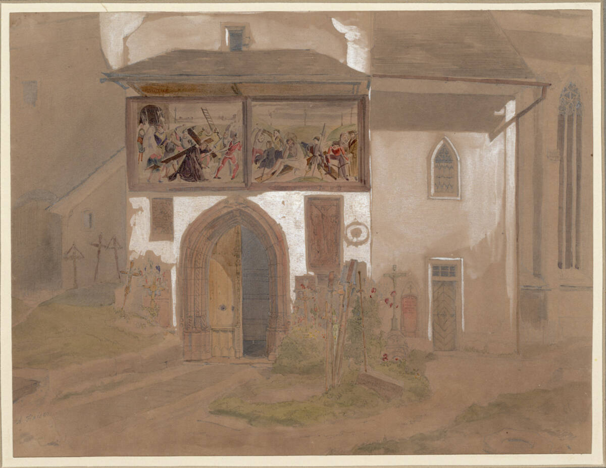 Portalseite einer gotischen Kirche mit Freskenschmuck; ringsum Friedhofsanlage, Alexander Kaiser