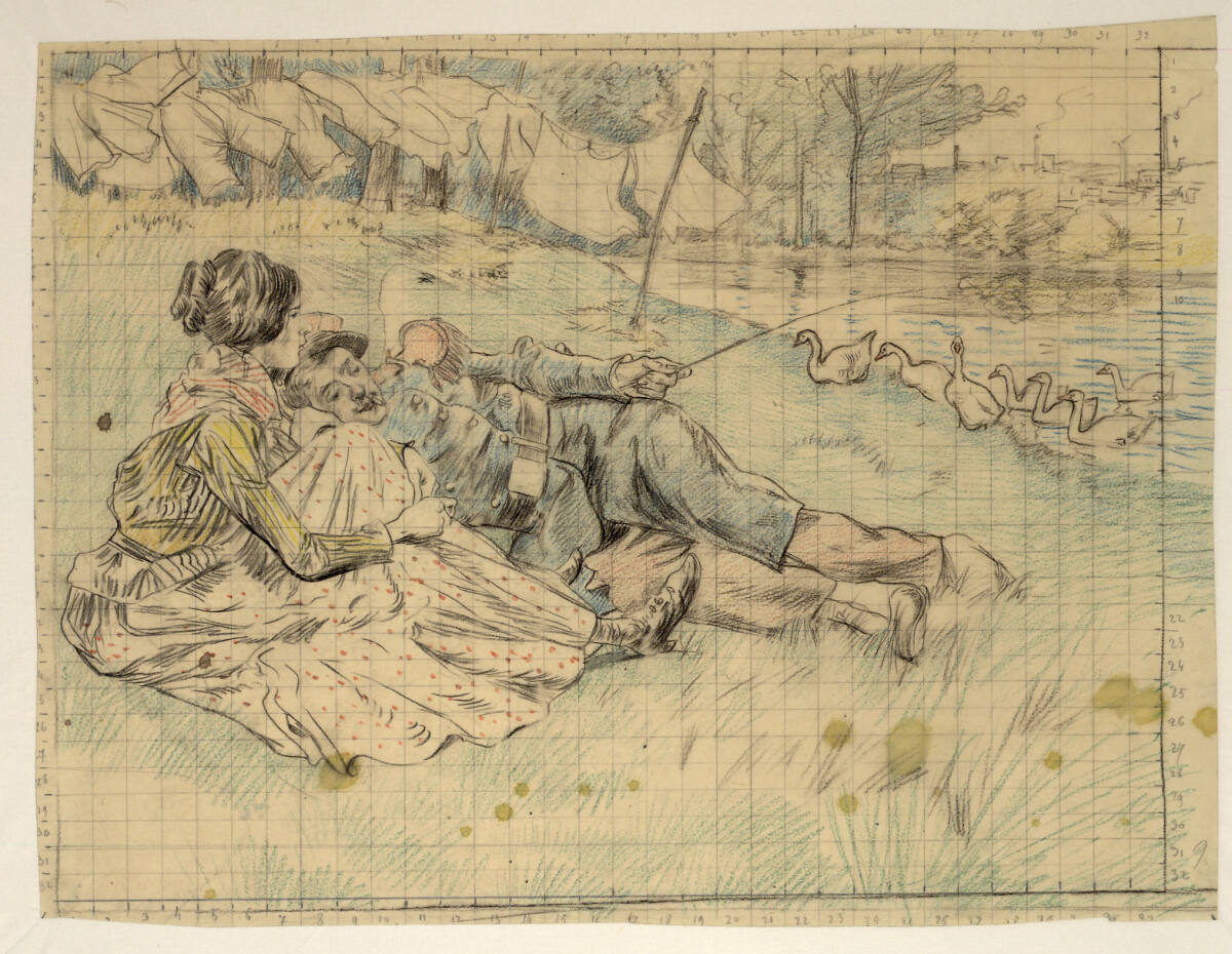 Mädchen und Soldat am Flussufer, Pierre-Georges Jeanniot, 1895–1899