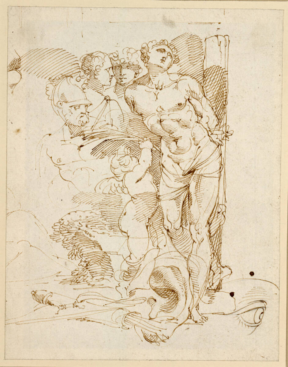 Studienblatt. Ein Putto reicht dem Sebastian am Pfahl die Märtyrerpalme; drei männliche Köpfe; Ohr; Auge; Köcher mit Pfeilen, Bolognesisch