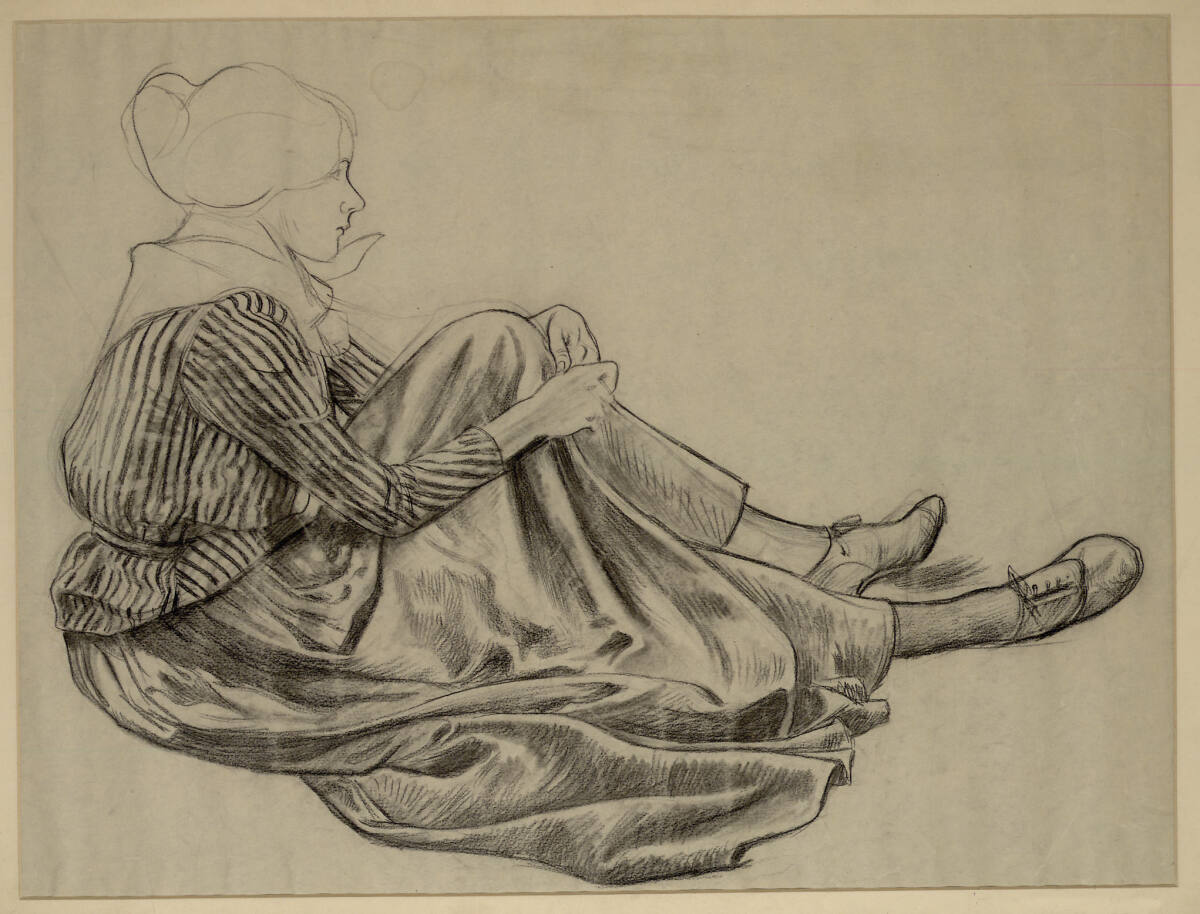 Am Boden sitzendes Mädchen nach rechts, ihr linkes aufgestütztes Bein mit beiden Händen umfassend, Pierre-Georges Jeanniot, 1895–1899