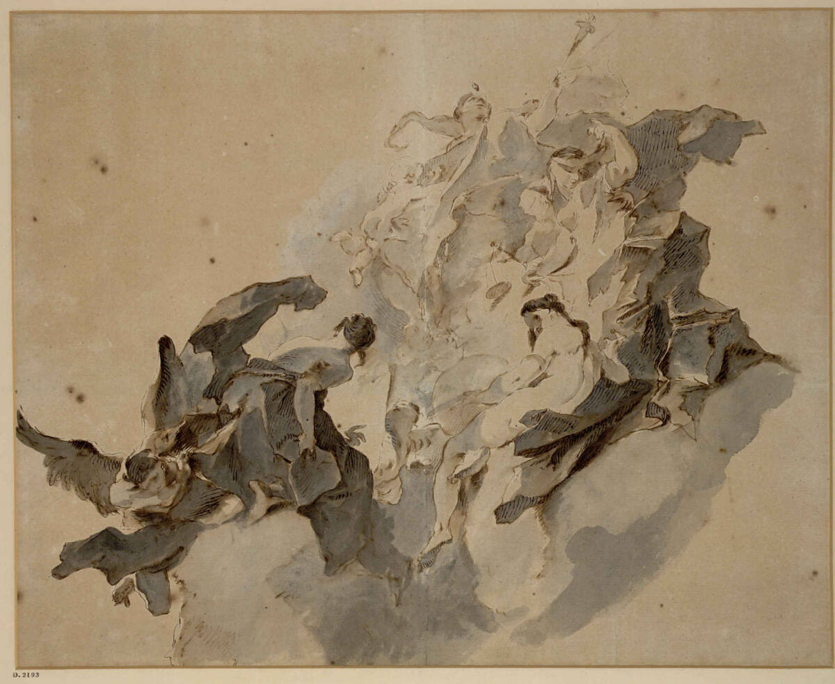 Allegorie mit Fides, Justitia und Pictura (Teilentwurf für ein Deckenbild im Lehensaal der Residenz zu Kromeríž/Kremsier), Franz Anton Maulbertsch, 1758–1759