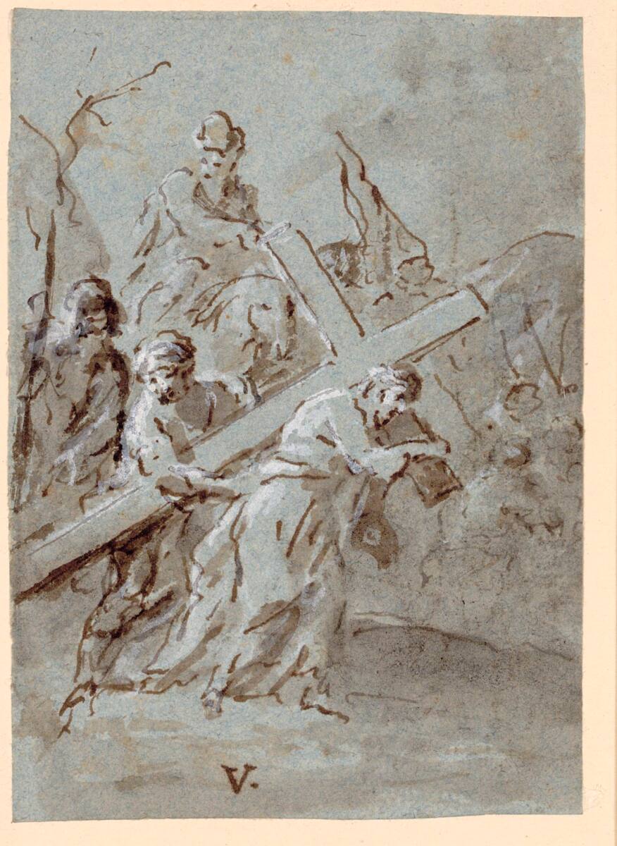 Vierzehn Kreuzwegstationen und Zusatz: V. Josef von Cyrene hilft Christus das Kreuz tragen, Martin Johann Schmidt