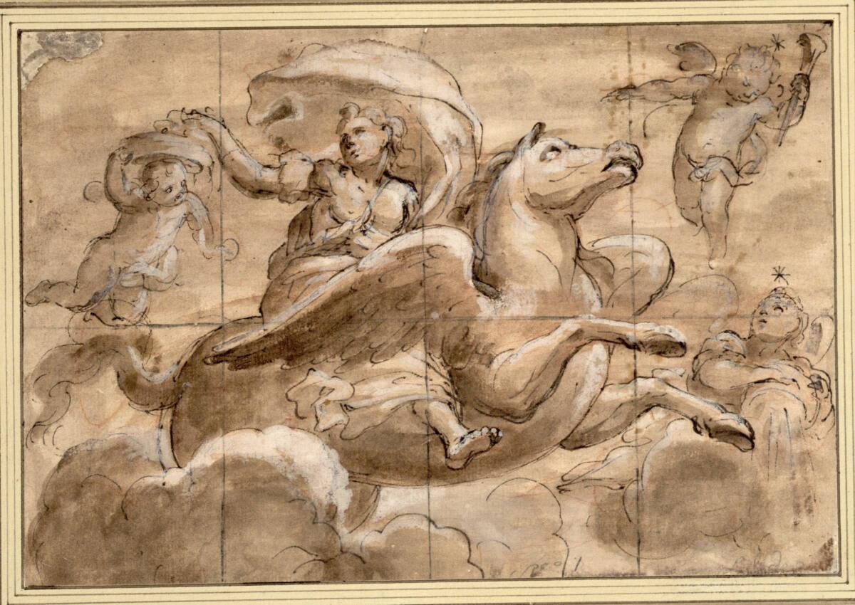 Luca Giordano, Eine allgorische Gestalt sprengt auf einem Flügelross nach rechts; (Sie greift i…