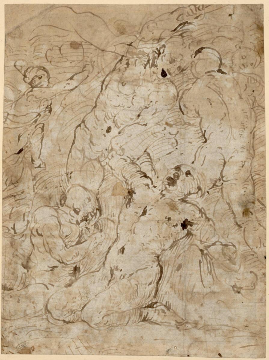 Girolamo Romanino, Studienblatt. Kämpfende männliche Akte, Inv. Nr.: 25154r